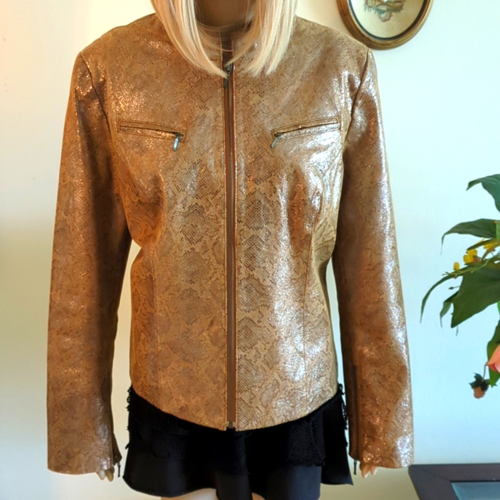 Beautiful sparkly printed real leather jacket, size 14.